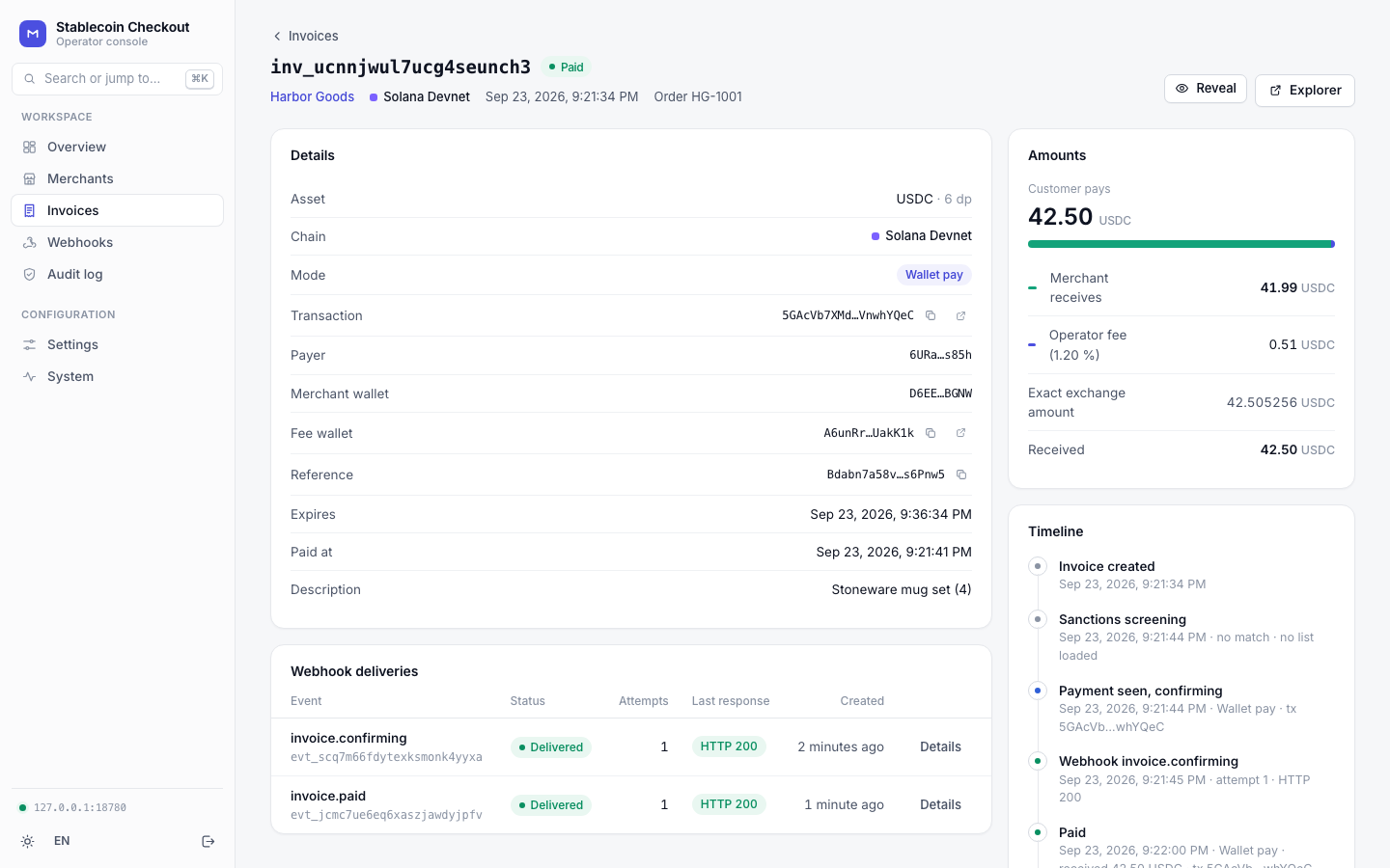Invoice detail with timeline and webhook deliveries