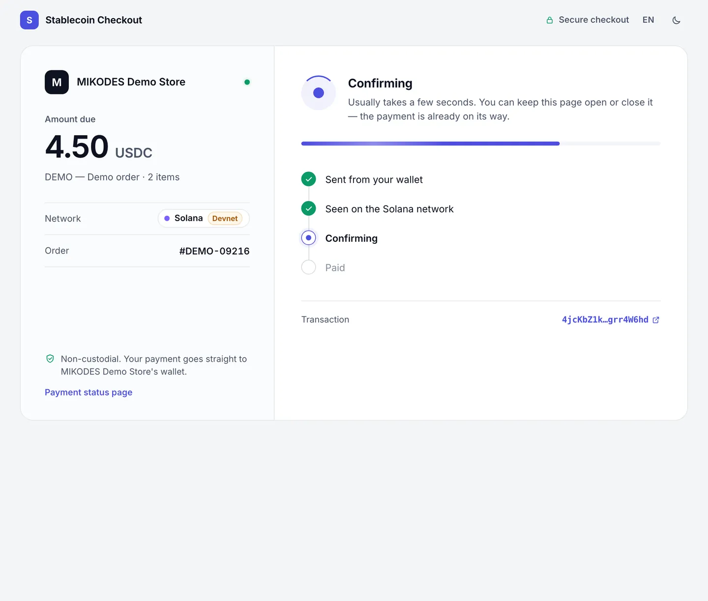 Checkout confirming a payment with a progress timeline