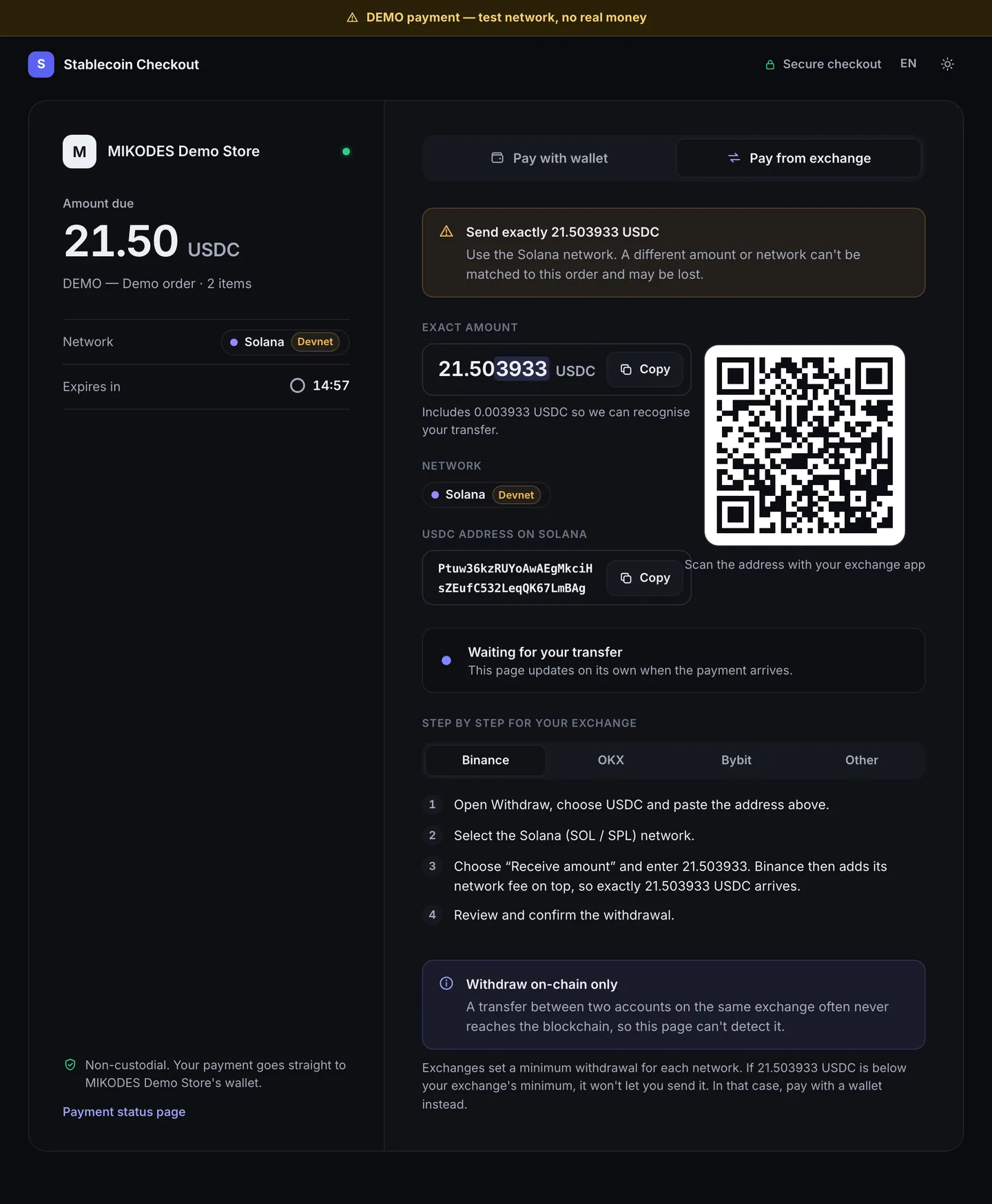 Checkout screen in dark mode: pay from exchange with an exact amount of 48.003714 USDC, the merchant address and a QR code
