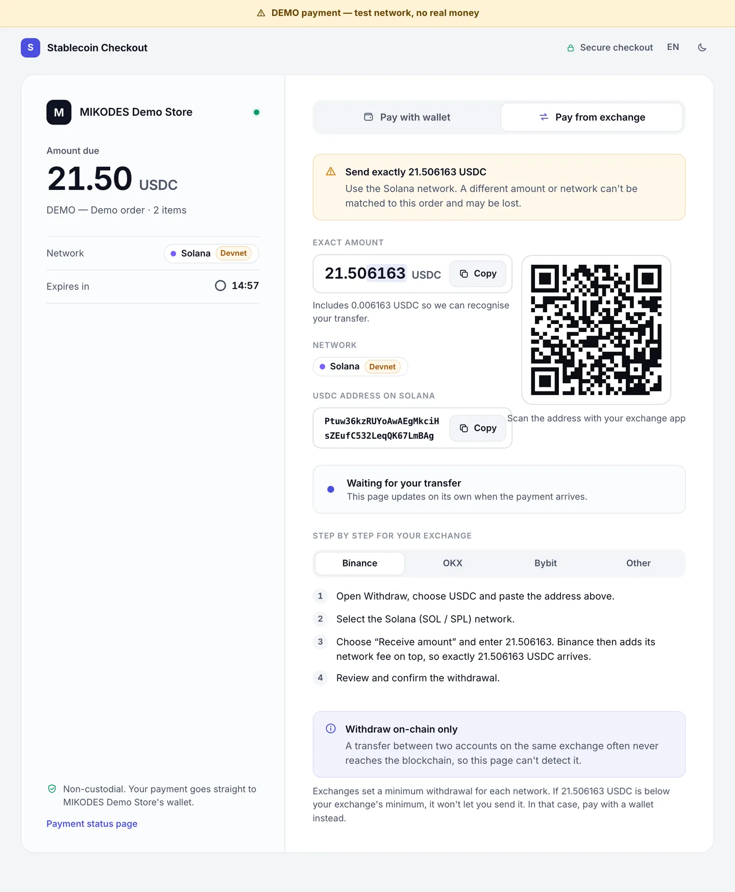 Checkout screen in light mode: pay from exchange with an exact amount, the merchant address and a QR code