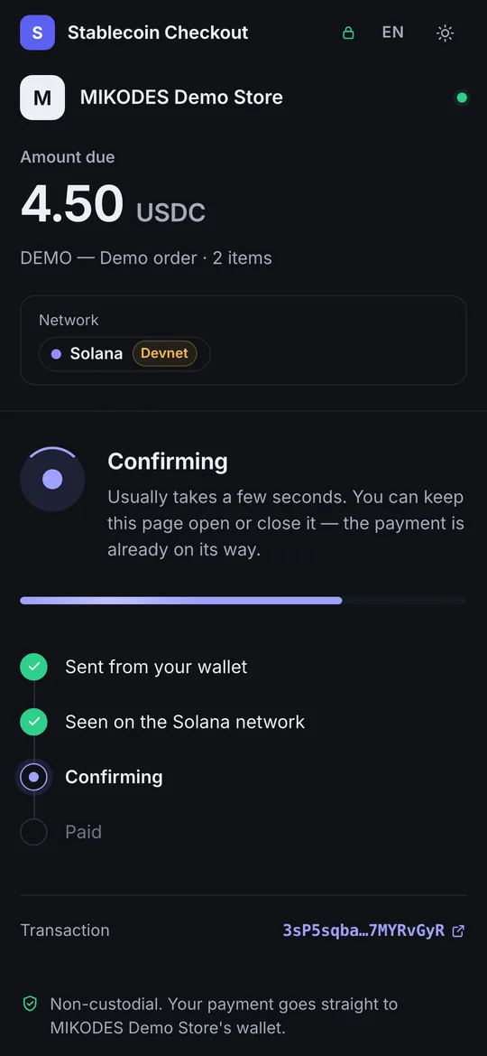 Mobile checkout confirming a payment: sent, seen on the Solana network, confirming
