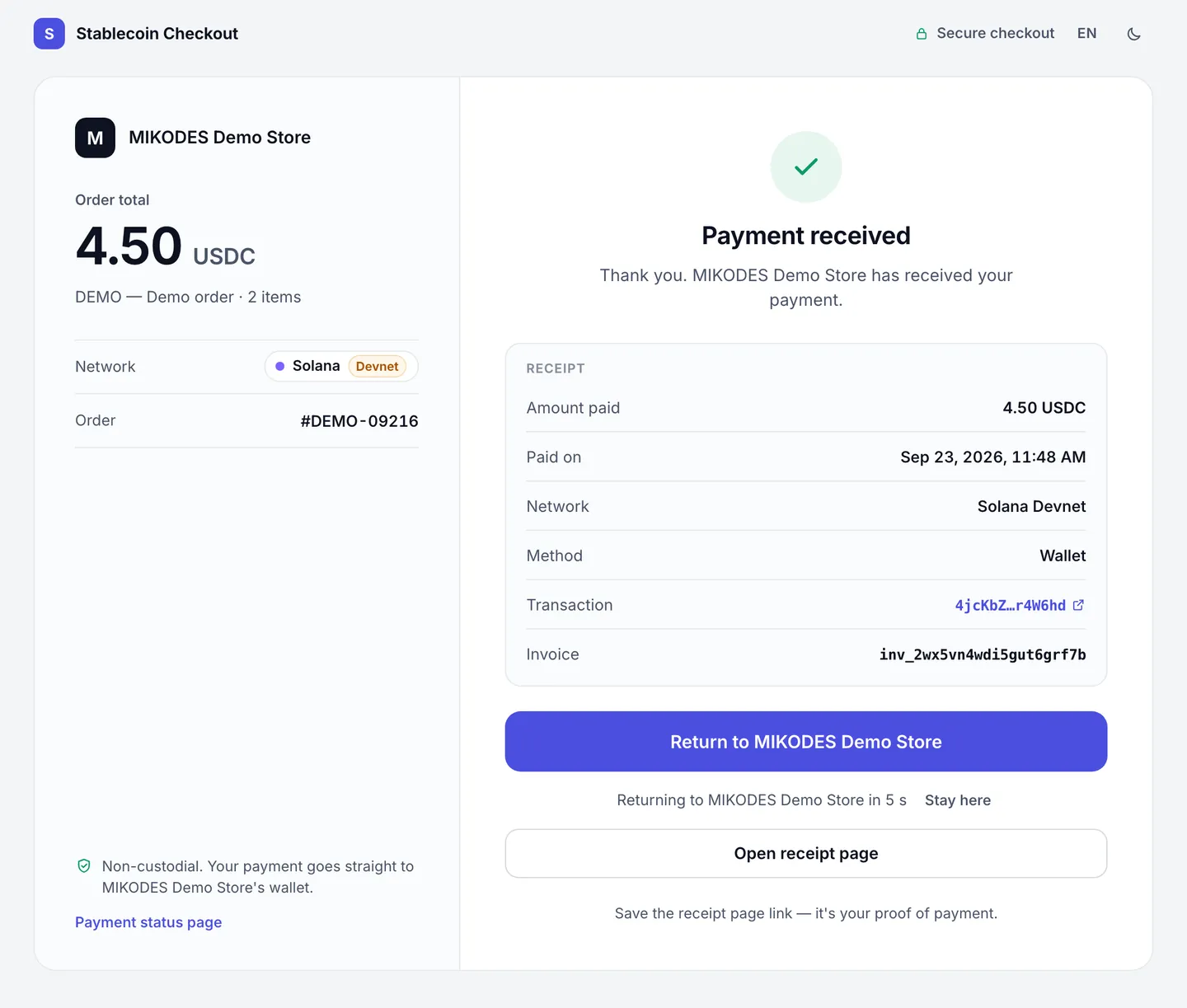 Payment received screen with a receipt and transaction link