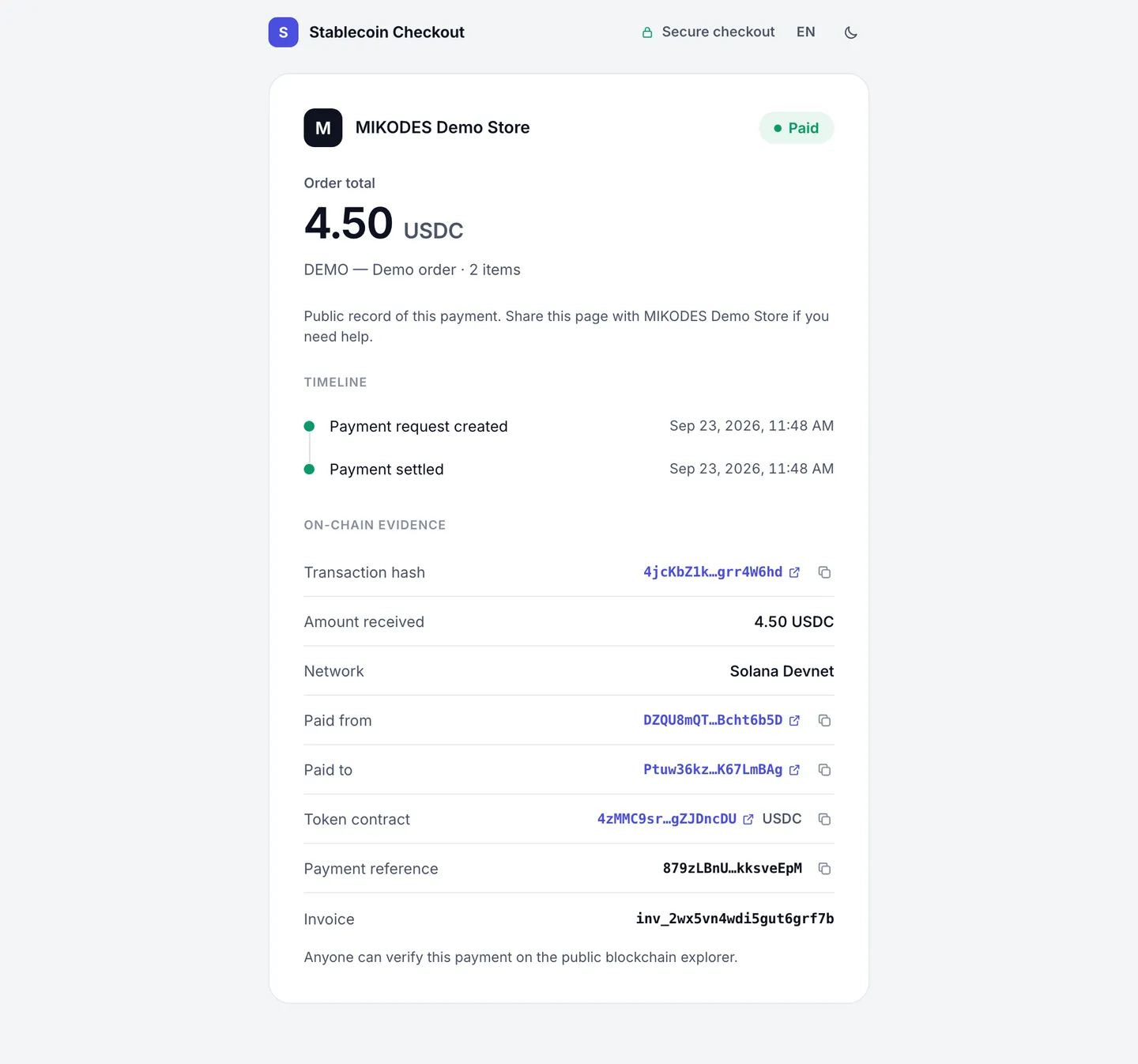 Public status page with timeline and on-chain evidence: transaction hash, payer, recipient, token contract