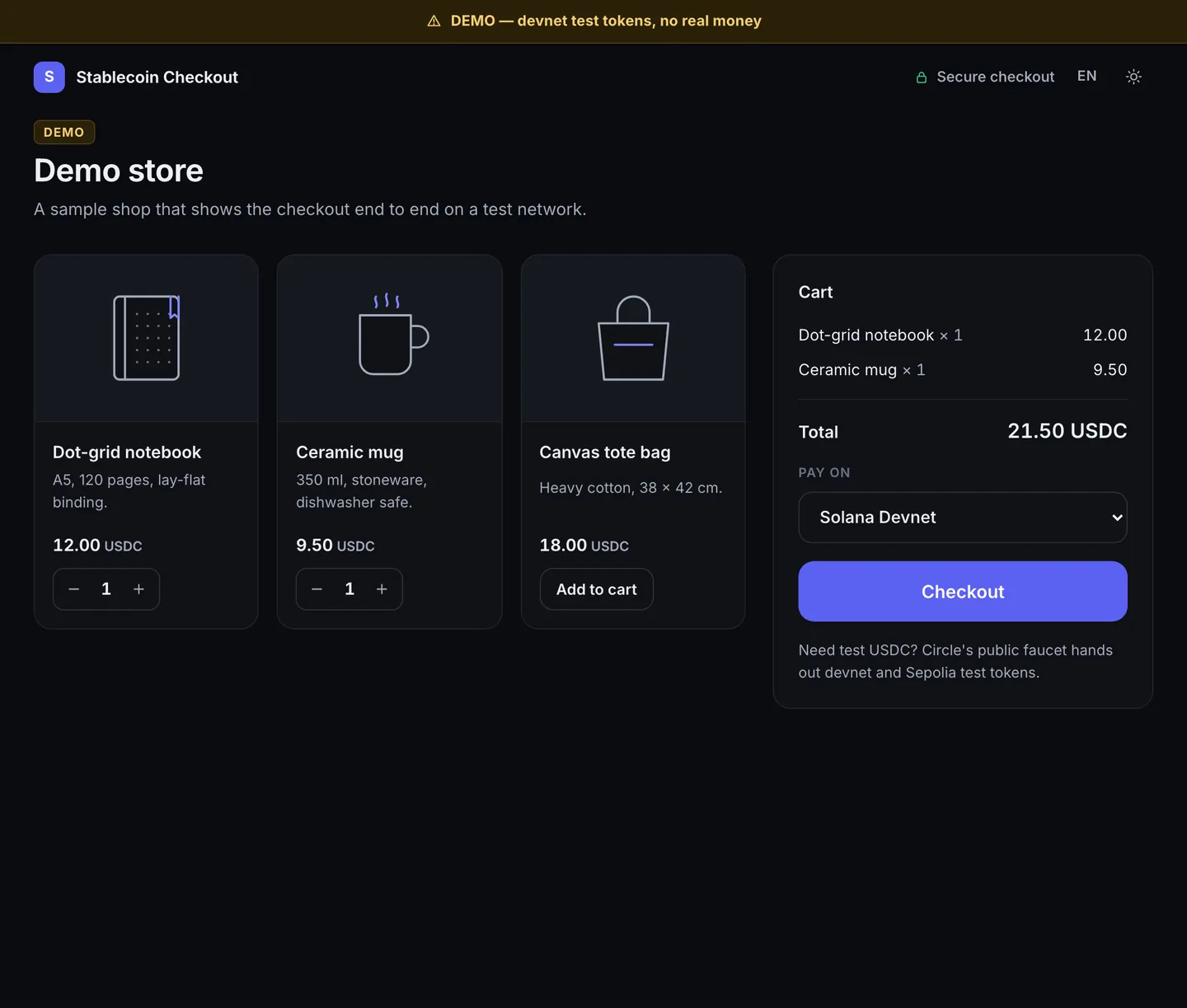 Demo store labelled DEMO, devnet test tokens only
