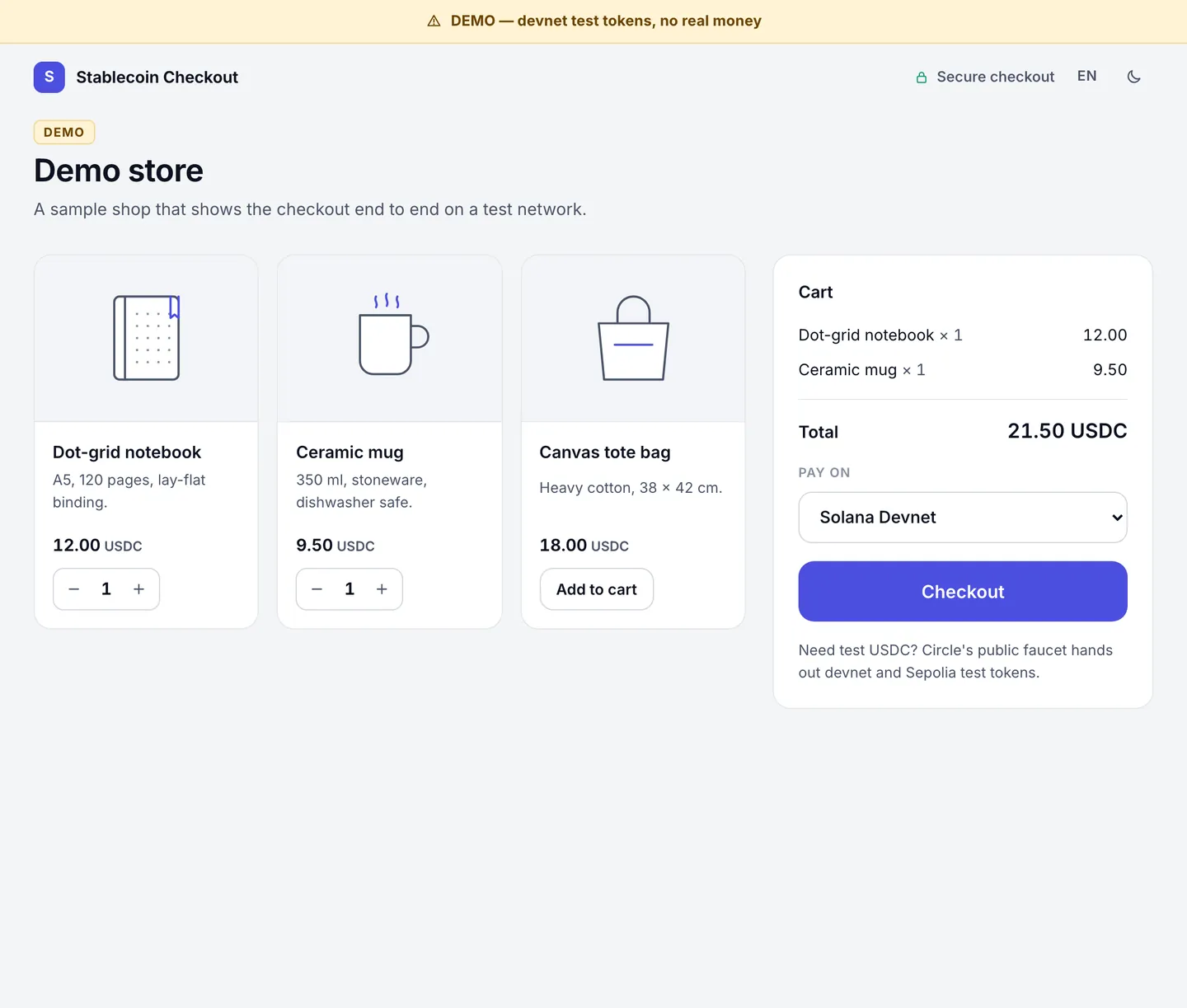 Demo store labelled DEMO, devnet test tokens only
